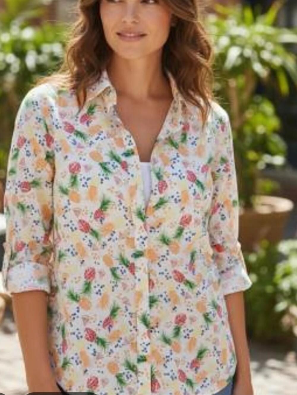 Talbots Novelty Print Button-Front Shirt - Lightweight Cotton Roller Tab Sleeves